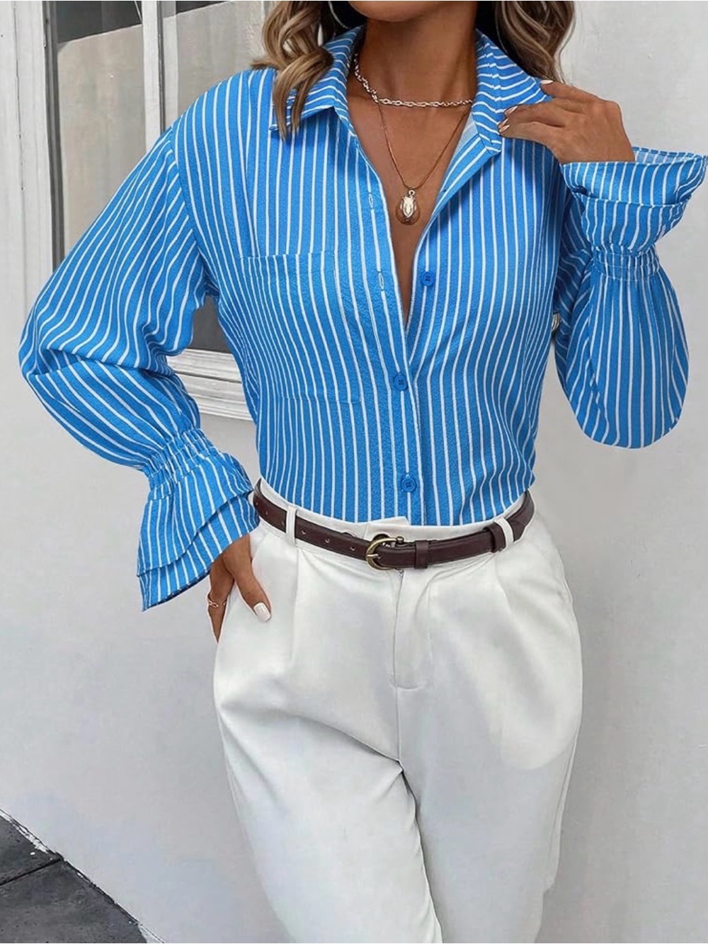 Gleeivy | Oversize Striped Button Down w/ Ruffle | Blue | XL | Like New